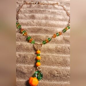 Handmade Lampworks Glass Bead Pumpkin Necklace Prange Green